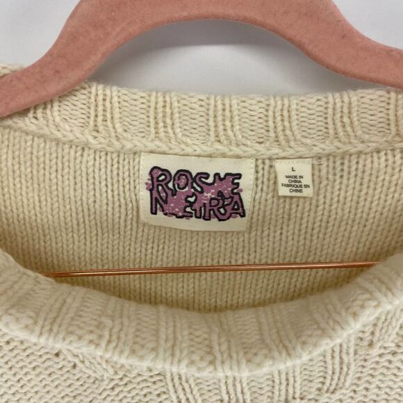 Anthropologie Rosie Neira Cream Round Neck Wool upraised knit Sweater womens L - Picture 4 of 9